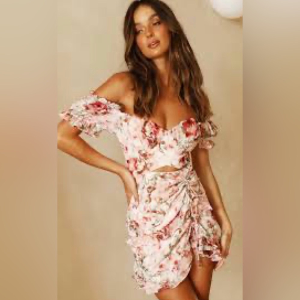 Sage and Paige Pink Floral Off-Shoulder mini dress Ruched  size 14